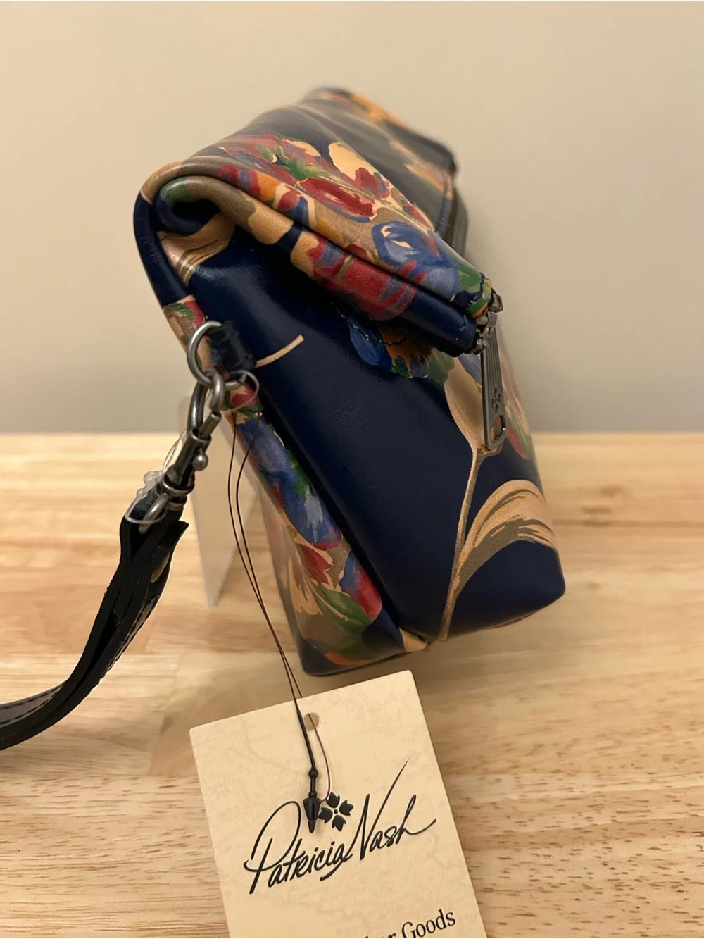 Patricia Nash Navy Leather Floral Zip Wristlet
